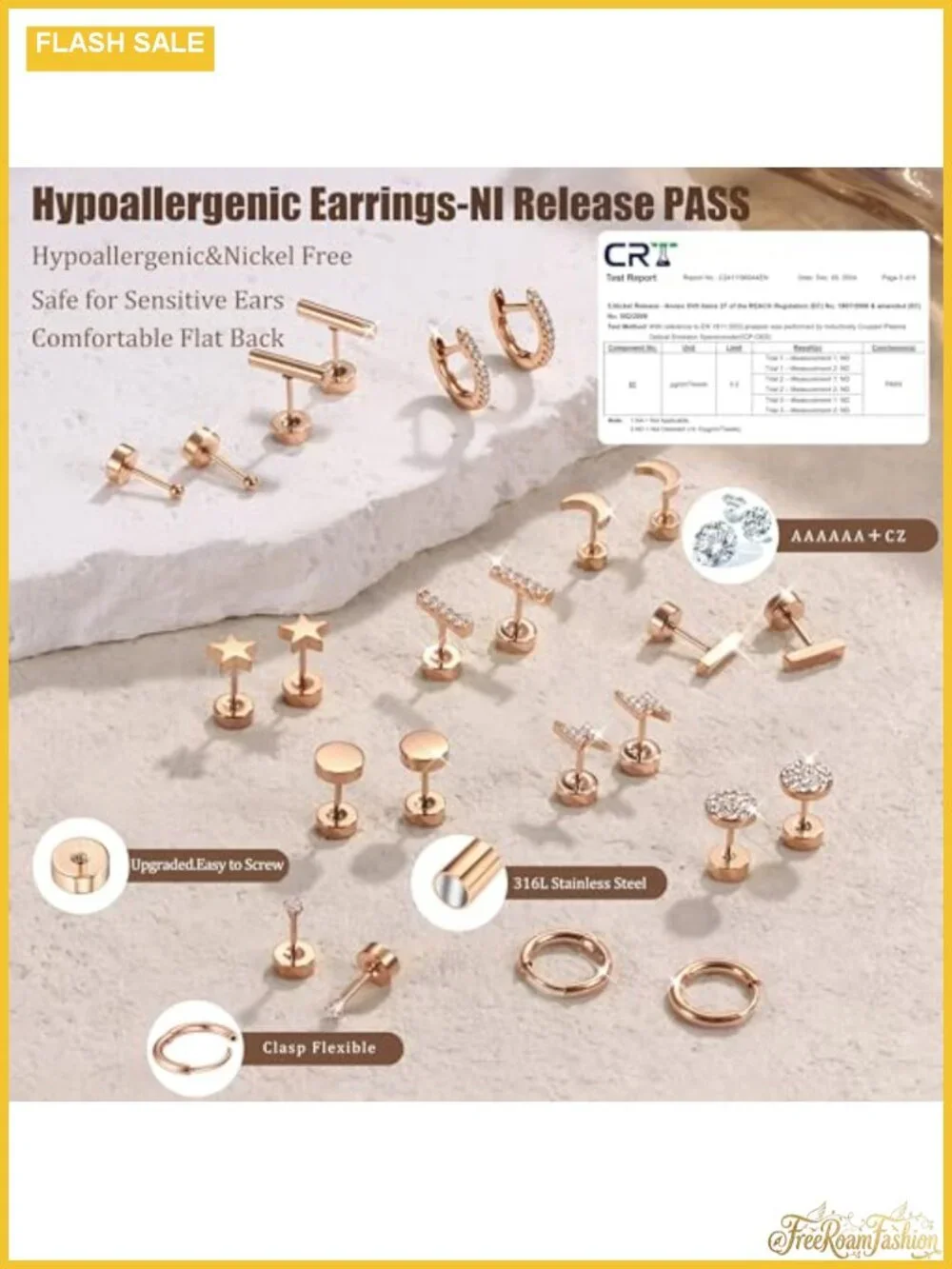 12 Pairs Hypoallergenic Flat Back Stud Earrings Set 14k Gold Plated Stainless
